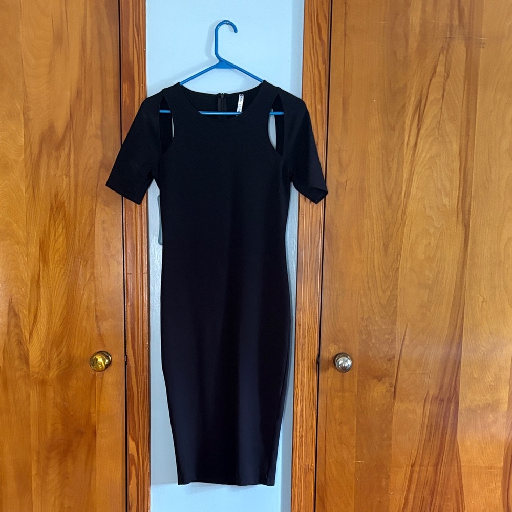 Fabletics Black Midi Dress with Cut-Out Sleeves